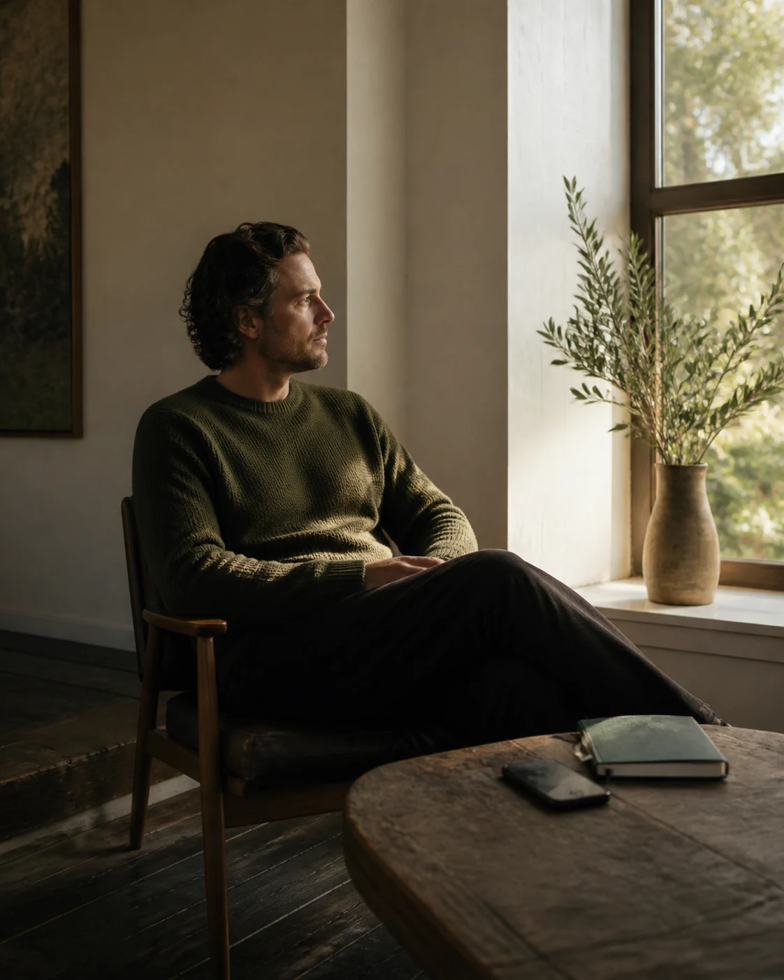 A person pausing in quiet reflection beside a sunlit window