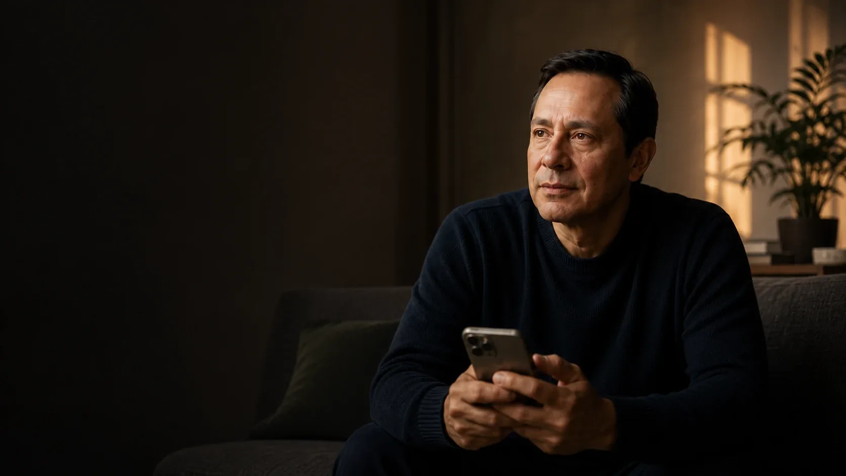 Walter Calvo holding a phone in a quiet, reflective setting